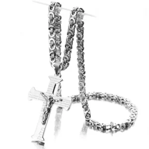 Jesus Crucifixion Cross Pendant Necklace For Men Women Gold Silver Black Color Stainless Steel Byzanine Chain - Image 3
