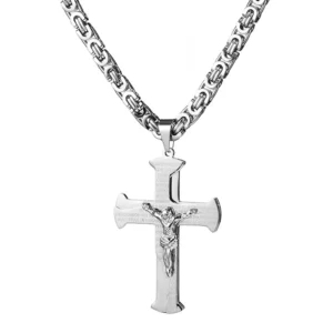 Jesus Crucifixion Cross Pendant Necklace For Men Women Gold Silver Black Color Stainless Steel Byzanine Chain - Image 2