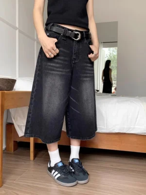 High Waist Black Retro Washed Denim Shorts Women's Harajuku Vintage Fashion Casual Loose Y2K Streetwear Mid Long Wide Leg Pants