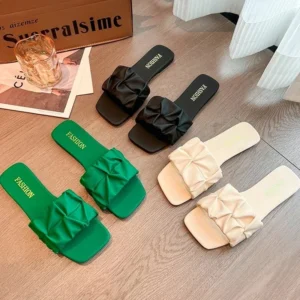 Summer Slippers For Women Flip Flops Flats 2025 New Pleated Korean Slippers Women Sandals Green Slip On Shoes Big Size 36-43 - Image 4