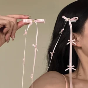 2pc New Ribbon Long Bow with Heart Hair Side Clips for Women Girls Hairpin Hair Accessories Headwear Ornament