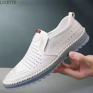 Men Casual Shoes Summer Breathable Leather Loafers Shoes for Men Outdoor Soft Sole Hollow Driving Shoes Fashionable Dress Shoe - Image 4