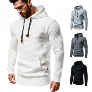 New Men's Waffle Long Sleeve Hoodie Sweatshirt Solid Color Breathable Streetwear Pullover for Autumn and Winter - Image 2