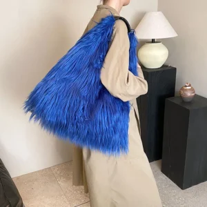 Luxury Faux Fur Tote Shoulder Bags for Women Large Capacity Furry Handbags Y2k Hot Girls Fluffy Bag Winter Plush Underarm Bag - Image 4