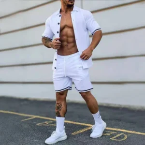 New men's suit spring and summer solid color lapel buttoned short-sleeved shorts cardigan gentleman sports suit men's fashion - Image 3