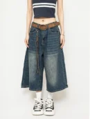 High Waist Black Retro Washed Denim Shorts Women's Harajuku Vintage Fashion Casual Loose Y2K Streetwear Mid Long Wide Leg Pants