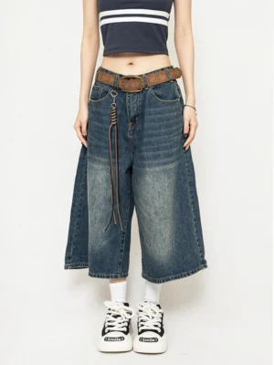 High Waist Black Retro Washed Denim Shorts Women's Harajuku Vintage Fashion Casual Loose Y2K Streetwear Mid Long Wide Leg Pants - Image 4