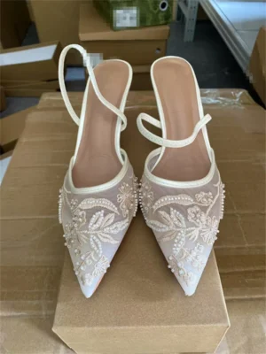 Women's Mesh Floral Embroidered Slingback High Heels Female Open Heel Pearl Studded Pointed Toe Sandals Sexy Stiletto Lady Mules - Image 4