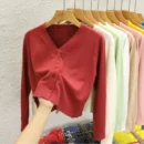 Solid Color Long Sleeved Casual Tops Korean Style V-neck Knitted Cardigan 2025 Autumn Winter New Black Wearing Outside Sweater