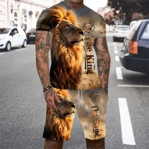 Lion King 3D Printed Men's T-shirt Set 2024 Summer O-collar Short-sleeved T-shirt Top 3D Style Men's Casual Outdoor Fashion Set - Image 3