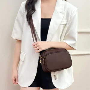 Small Genuine Leather Camera Crossbody Bags for Women Triple Zip Cross Body Purses Handbag with Strap