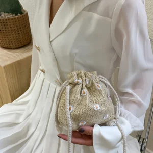 Straw Weave Bucket Bags Rattan Women Summer Beach Shoulder Bags Handbags Totes Casual Handbags Retro Mini Shoulder Messenger Bag - Image 3