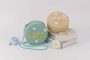 Personalized Round Cake-Shaped Straw Woven Bag For Little Kids 2025 Summer New Rope-made Mini Shoulder Bag For Baby Girl Travel