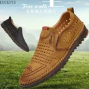 Men Casual Shoes Summer Breathable Leather Loafers Shoes for Men Outdoor Soft Sole Hollow Driving Shoes Fashionable Dress Shoe
