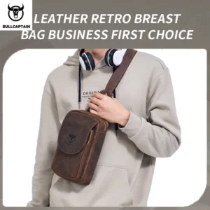 BULLCAPTAIN Men's Crossbody Bags Crazy Horse Leather Chest Bag's Leather Crossbody Bages Retro Men's Zip Pocket Short Travel Bag - Image 3
