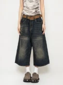 High Waist Black Retro Washed Denim Shorts Women's Harajuku Vintage Fashion Casual Loose Y2K Streetwear Mid Long Wide Leg Pants