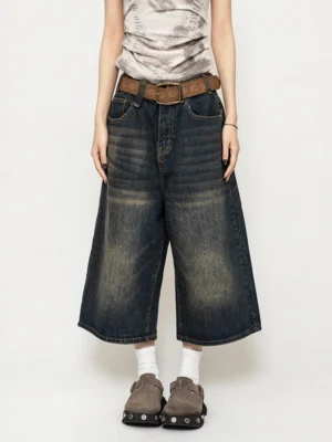 High Waist Black Retro Washed Denim Shorts Women's Harajuku Vintage Fashion Casual Loose Y2K Streetwear Mid Long Wide Leg Pants - Image 5