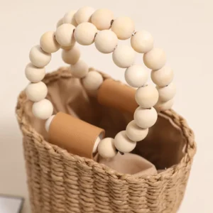 Fashion Wooden Beading Women Handbags Paper Woven Hand Bags Casual Summer Beach Bucket Bag Bali Small Tote Female Purses 2024 - Image 4