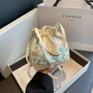 Fashion Small Shoulder Bags Women Drawstring Straw Beach Bags Flower Embroidery Bags Ladies Lace Crossbody Handbags for Travel - Image 3