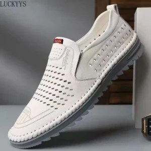 Men Casual Shoes Summer Breathable Leather Loafers Shoes for Men Outdoor Soft Sole Hollow Driving Shoes Fashionable Dress Shoe