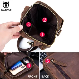 BULLCAPTAIN Men's Crossbody Bags Crazy Horse Leather Chest Bag's Leather Crossbody Bages Retro Men's Zip Pocket Short Travel Bag - Image 5