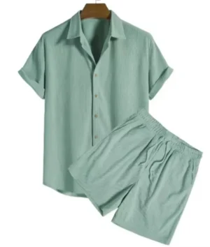 2025 Summer Button-Up Mens Suits Casual Loose Solid Beach Outfit Corduroy Turn-down Collar Short Sleeve Two-piece Sets for Men