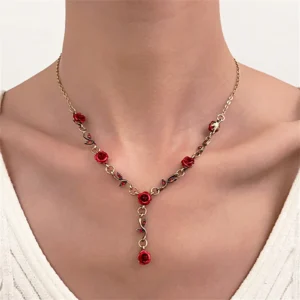 Vintage French Style Red Rose Flower Necklace Bracelet Earring Jewelry Set for Women Wedding Engagement Jewelry - Image 3