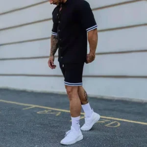 New men's suit spring and summer solid color lapel buttoned short-sleeved shorts cardigan gentleman sports suit men's fashion - Image 2