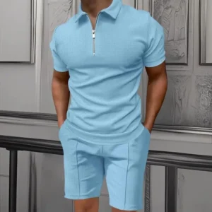 Men's Comfortable Short-Sleeved Waffle Polo Shirt And Shorts Set - Breathable Lightweight Spring/Summer Clothing - Image 5