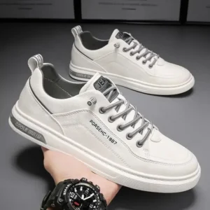 New Mens Casual Shoes Breathable White Leather Flats Slip on Fashion Driving Walking Footwear Skateboard Tennis Sneakers - Image 2