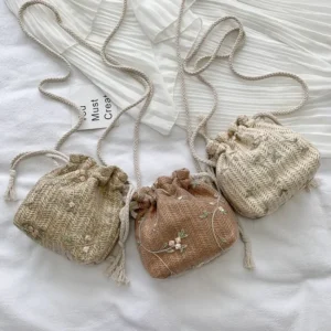 New Summer Beach Wind Cute Sunflower Crossbody Woven Bag Handmade Crochet Round Straw Bag Female Beach Bag 2024