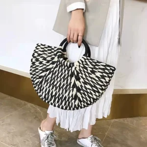 Simple All-Match Handbag Ladies 2024 New Handbags Women Round Bucket Straw Bag Korean Handmade Woven Basket Rattan Handbag - Image 3