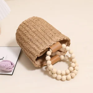 Fashion Wooden Beading Women Handbags Paper Woven Hand Bags Casual Summer Beach Bucket Bag Bali Small Tote Female Purses 2024 - Image 5