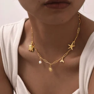 18k Gold Plated Pearl Shell Conch Starfish Summer Beach Necklace, Charms Necklace for Women,Stainless Steel Waterproof Jewelry - Image 4