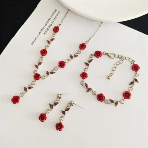 Vintage French Style Red Rose Flower Necklace Bracelet Earring Jewelry Set for Women Wedding Engagement Jewelry