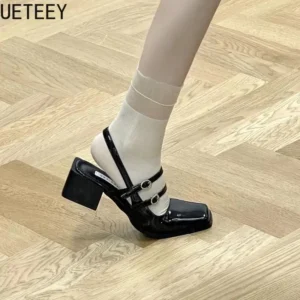 Retro Style Summer Thick Heel Women Sandals Fashion Square Toe Singbacks Shoes Ladies Elegant Party Dress Sandalias - Image 5