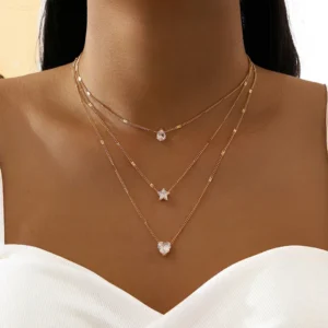 Gold Color Simple Multilayered Pendant Necklace For Girls Women Star Heart Shaped Pendant Necklace Jewelry For Birthday Gift