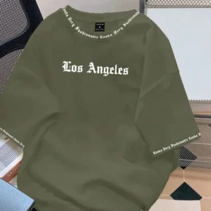 2024 New Men's Letter Print Pattern Round Neck Short Sleeve Casual Loose T-shirt Solid Color Base Coat American Style - Image 3