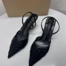 Women's Mesh Floral Embroidered Slingback High Heels Female Open Heel Pearl Studded Pointed Toe Sandals Sexy Stiletto Lady Mules