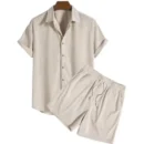 2025 Summer Button-Up Mens Suits Casual Loose Solid Beach Outfit Corduroy Turn-down Collar Short Sleeve Two-piece Sets for Men