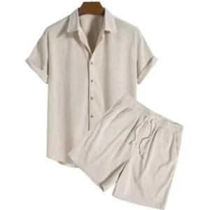 2025 Summer Button-Up Mens Suits Casual Loose Solid Beach Outfit Corduroy Turn-down Collar Short Sleeve Two-piece Sets for Men - Image 2
