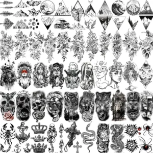 52 Sheets Black Skull Temporary Tattoos For Men Women Arm Neck Tattoos Paste Fake Small Flower Mountain Snake Animals 3D Tattoos
