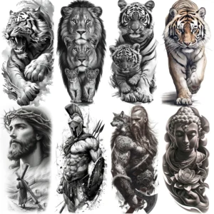 1 Sheet Lion Tiger Warrior Buddha Temporary Tattoos For Men Women Adults Waterproof Realistic Fake Tattoos Long Lasting Stickers