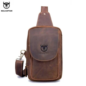 BULLCAPTAIN Men's Crossbody Bags Crazy Horse Leather Chest Bag's Leather Crossbody Bages Retro Men's Zip Pocket Short Travel Bag - Image 4