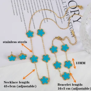 3Pcs 18k Gold-Plated Five-Leaf Flower Necklace Earrings Bracelet Jewelry Set For Woman Fashion Party Jewelry Daily Wear Clover - Image 4