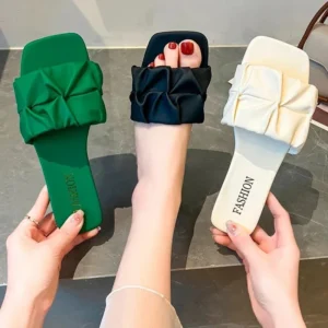 Summer Slippers For Women Flip Flops Flats 2025 New Pleated Korean Slippers Women Sandals Green Slip On Shoes Big Size 36-43 - Image 5