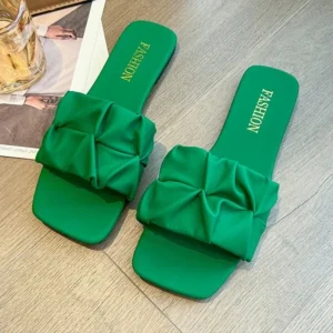 Summer Slippers For Women Flip Flops Flats 2025 New Pleated Korean Slippers Women Sandals Green Slip On Shoes Big Size 36-43