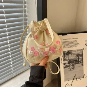 Fashion Small Shoulder Bags Women Drawstring Straw Beach Bags Flower Embroidery Bags Ladies Lace Crossbody Handbags for Travel - Image 2