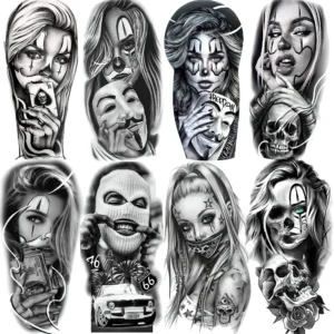 1 Sheet Evil Women Face Joker Mask Temporary Tattoos For Men Women Adults Waterproof Realistic Fake Tattoos Long Lasting Sticker
