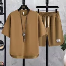 2025 Fashion Suit Waffle T-shirt Trendy Summer New Men's Short-sleeved T-shirt Shorts Casual Versatile Two-piece Suit